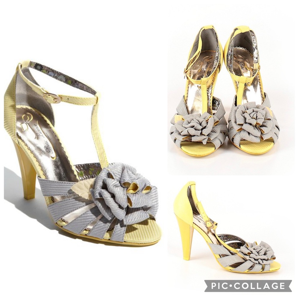 Poetic License Yellow and Gray T-Strap Heels